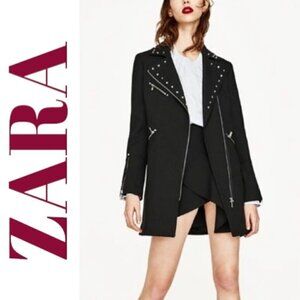 ZARA BASIC BLACK STUDDED LONG ASYMMETRIC MOTO TRENCH COAT, XS